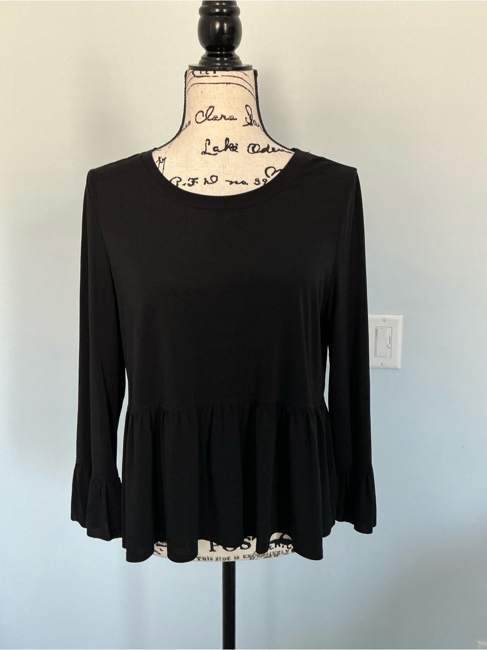 Elizabeth and James Black Long-Sleeve Peplum Top with Ruffle Sleeves